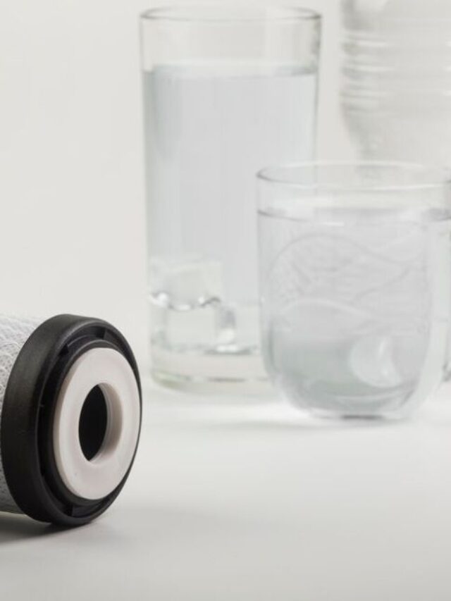 Duas velas de filtro de água ao lado de um copo com água limpa, sobre fundo branco.