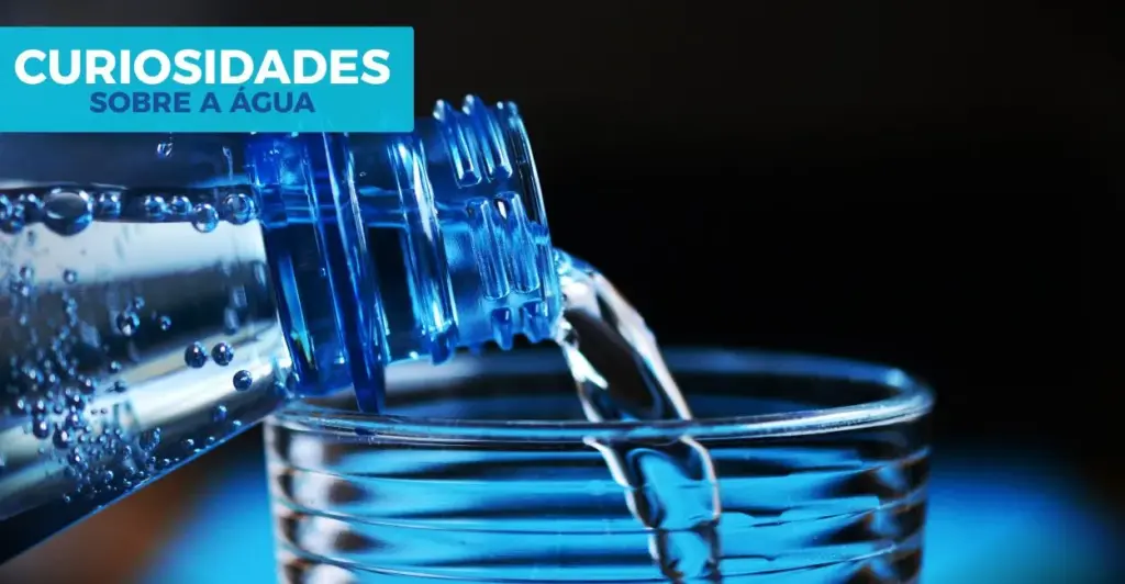 Garrafa transparente enchendo um copo de água com o texto 'Curiosidades sobre a água' escrito em destaque, representando a importância da hidratação e dos fatos interessantes sobre a água.