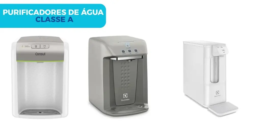 Três modelos de purificador de água classe A em fundo branco