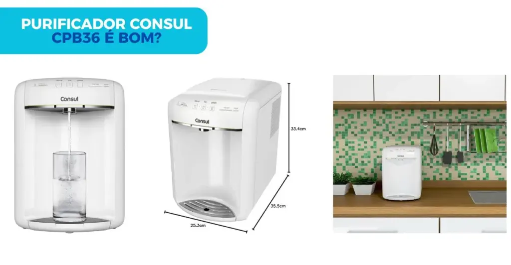 Purificador de Água Consul CBP36 em três ângulos diferentes: frontal, lateral e detalhe do painel de controle com indicador de filtro