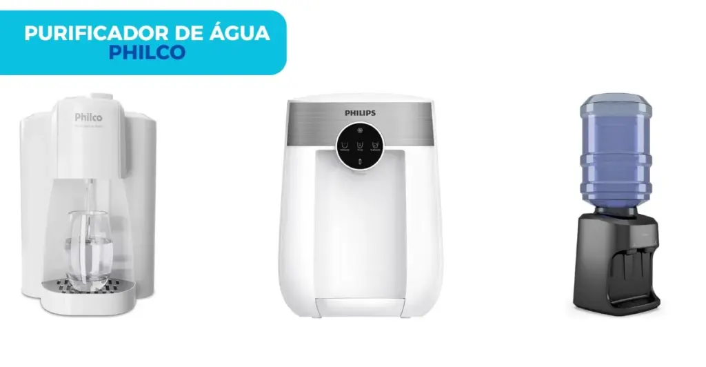Diferentes modelos de filtros e purificadores de água da marca Philco, exibidos em um fundo neutro, destacando design moderno e funcionalidades.