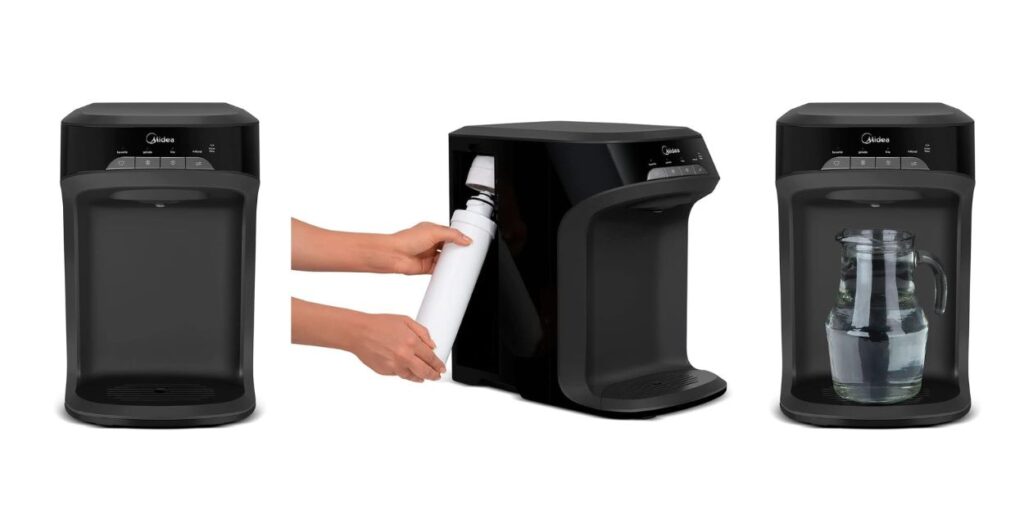 Purificador de água preto da marca Midea, modelo moderno com design elegante, exibido em fundo branco.