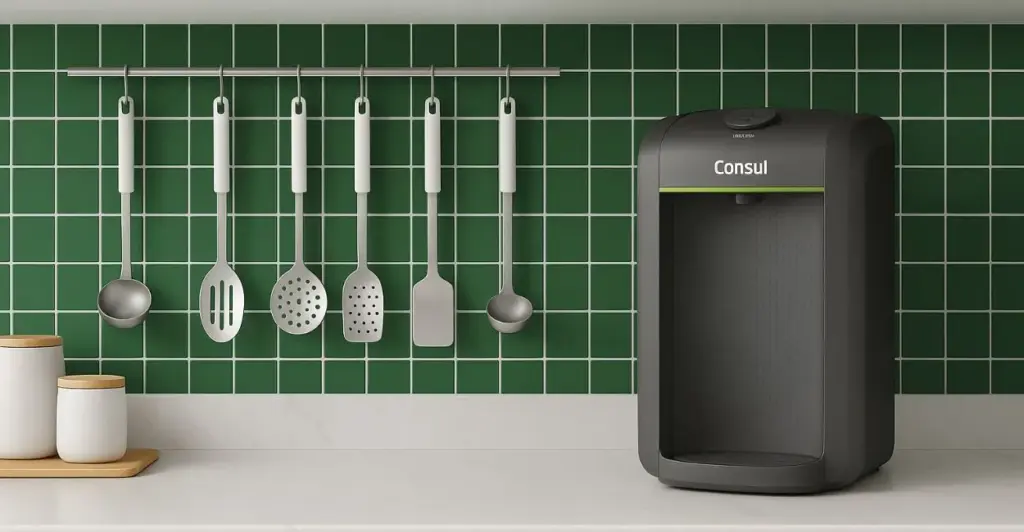 Purificador de Água Consul CPC31AFONA Bivolt instalado em cozinha minimalista, com design moderno.