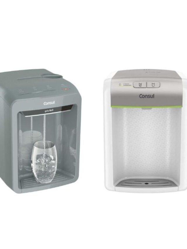 Lista dos melhores purificador de água: Quatro modelos diferentes de filtros de água alinhados sobre fundo branco, exibidos para comparação.