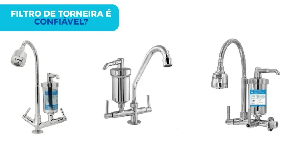 filtro de torneira e confiavel: Três modelos diferentes de filtros de torneira para pia, em cores variadas, posicionados sobre fundo branco.