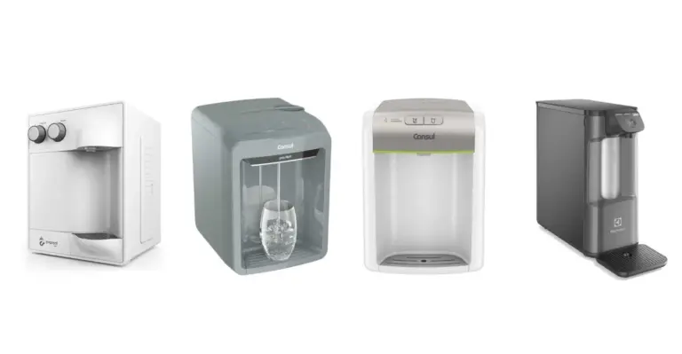 Lista dos melhores purificador de água: Quatro modelos diferentes de filtros de água alinhados sobre fundo branco, exibidos para comparação.