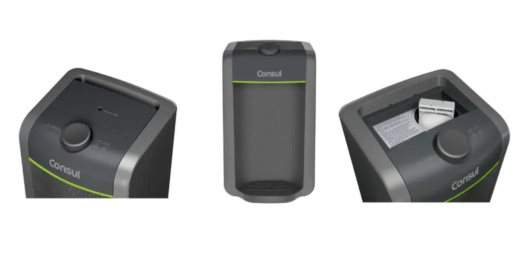 Purificador de água Consul CPC31AF visto de três ângulos diferentes, destacando o design compacto