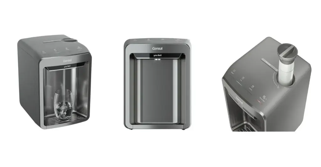 Purificador de água Consul modelo CPB33 exibido em três ângulos distintos com fundo branco