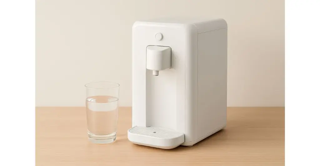 Purificador de água branco em cima de uma mesa com um copo de água cristalina ao lado, mostrando a eficiência do filtro.