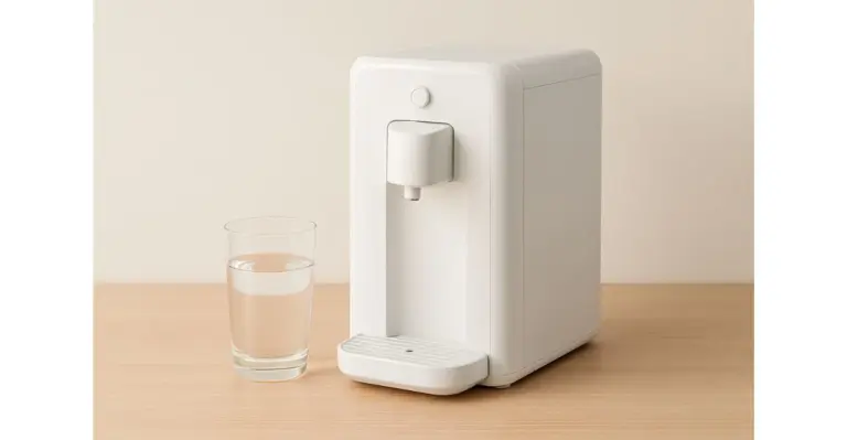 Purificador de água branco em cima de uma mesa com um copo de água cristalina ao lado, mostrando a eficiência do filtro.