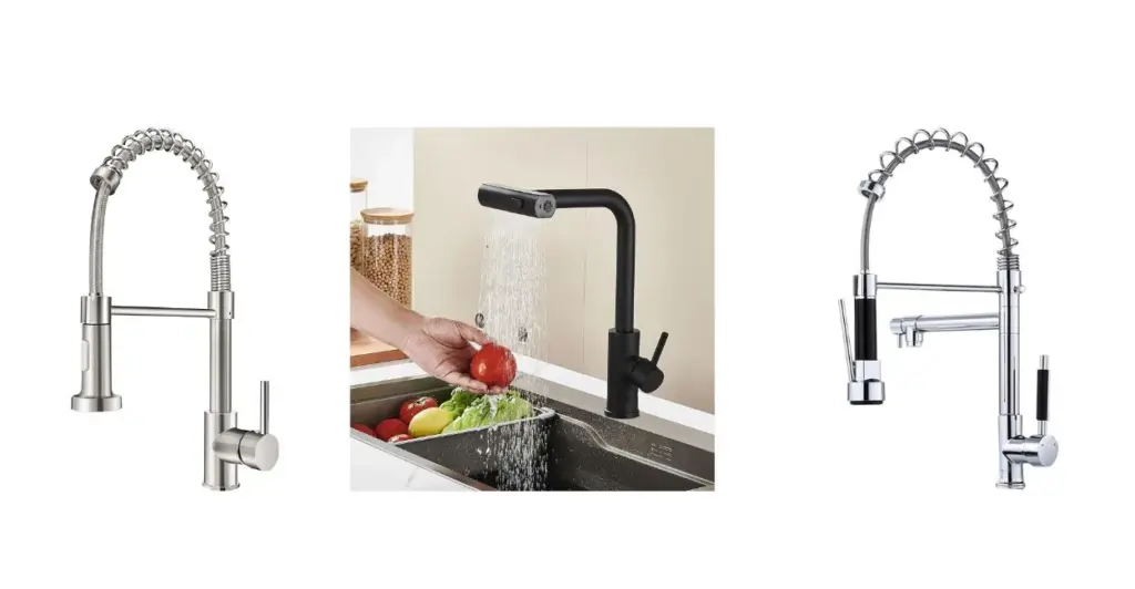 Três torneiras para cozinha em fundo branco: modelo gourmet com acabamento cromado, torneira com filtro integrado e torneira de bica móvel giratória.