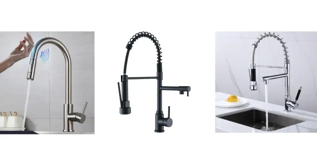 Três torneiras gourmet diferentes sobre fundo branco: modelo com vaporizador retrátil, torneira articulada e torneira com sensor touch, em acabamento cromado e aço escovado.