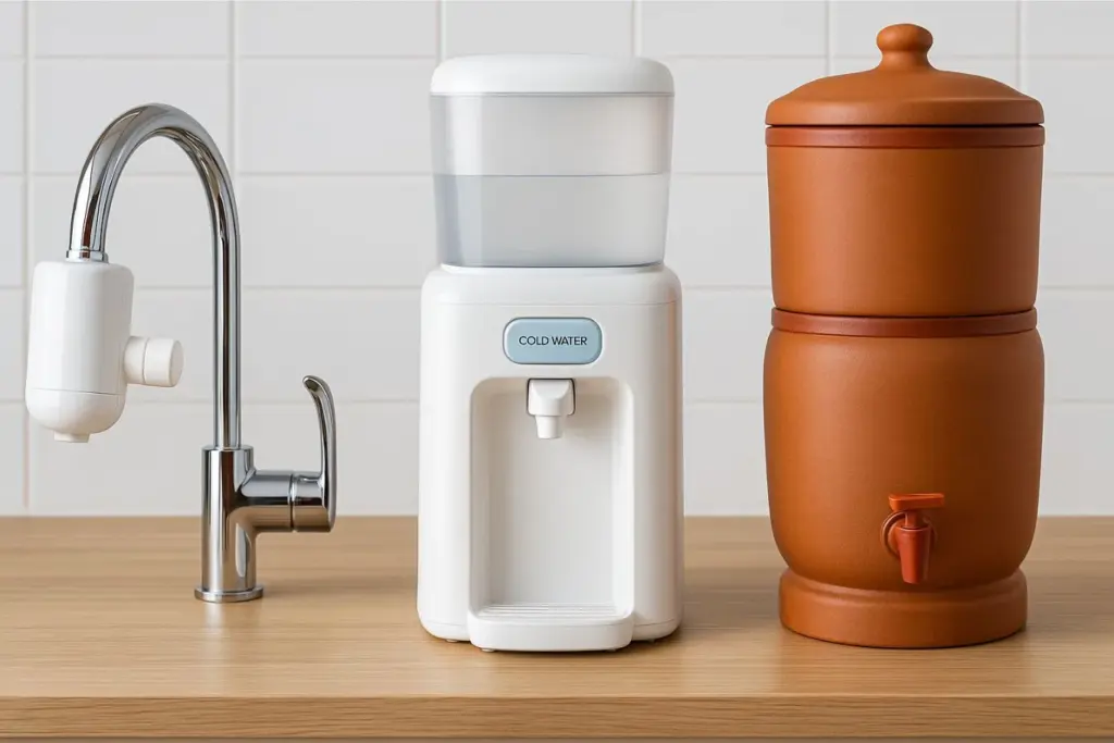 Três tipos de filtros de água sobre uma bancada: filtro de torneira, purificador com água gelada e filtro de barro.