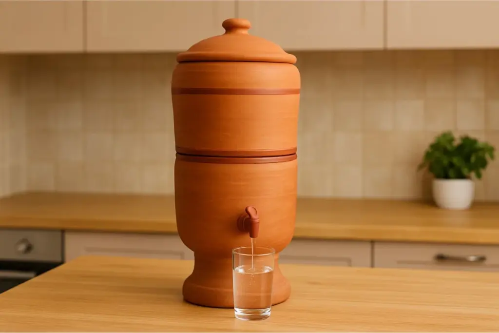 Filtro de barro tradicional sobre uma bancada de madeira em uma cozinha com pia ao fundo.