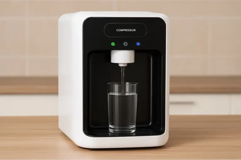 Purificador de água moderno com compressor sobre uma bancada de madeira, dispensando água em um copo.
