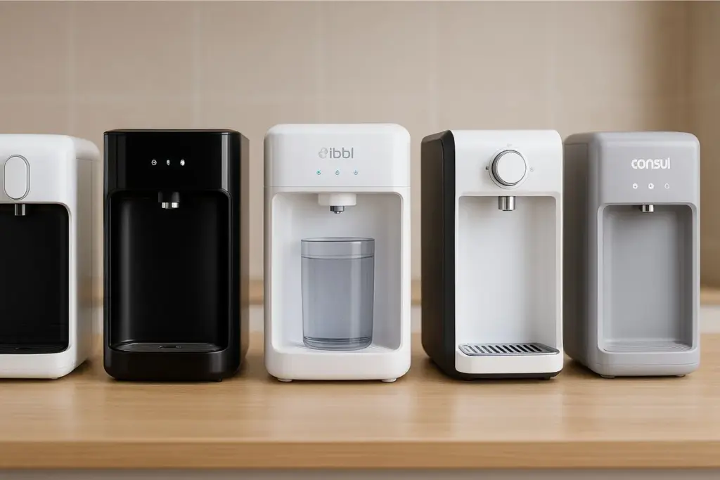 Cinco purificadores de água modernos sobre uma bancada de madeira em uma cozinha.