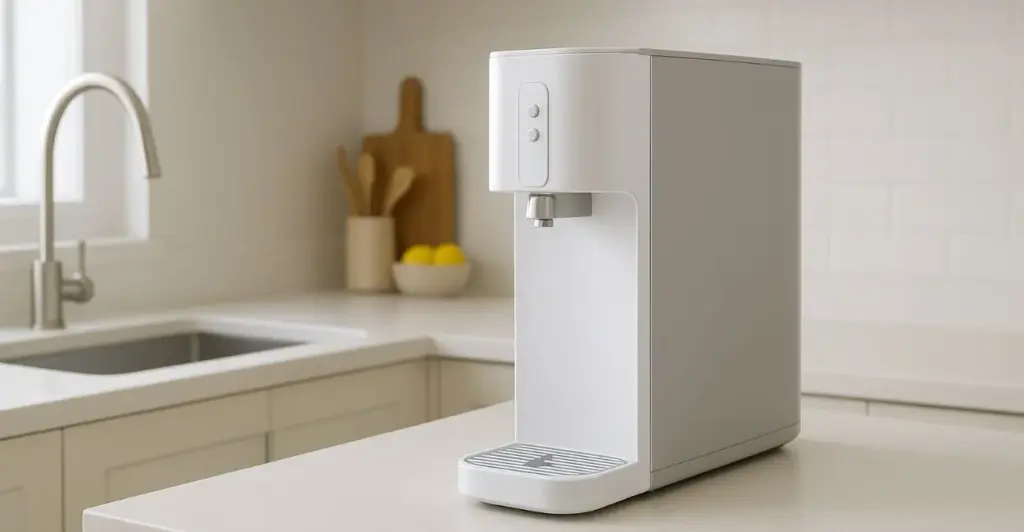 Purificador de água moderno sobre bancada em cozinha clara e minimalista. Onde Comprar Purificador de Água mais Barato