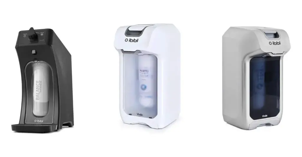 Três modelos de purificadores de água da marca IBBL sobre fundo branco.