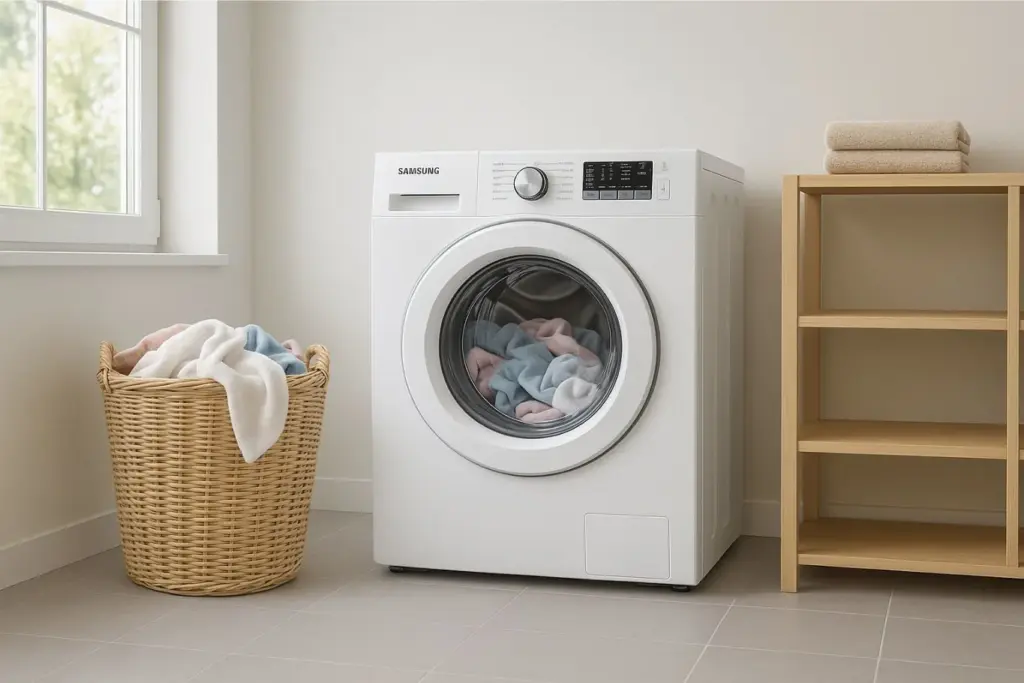 Secadora branca em lavanderia iluminada, com cesto de roupas de vime e prateleira de madeira