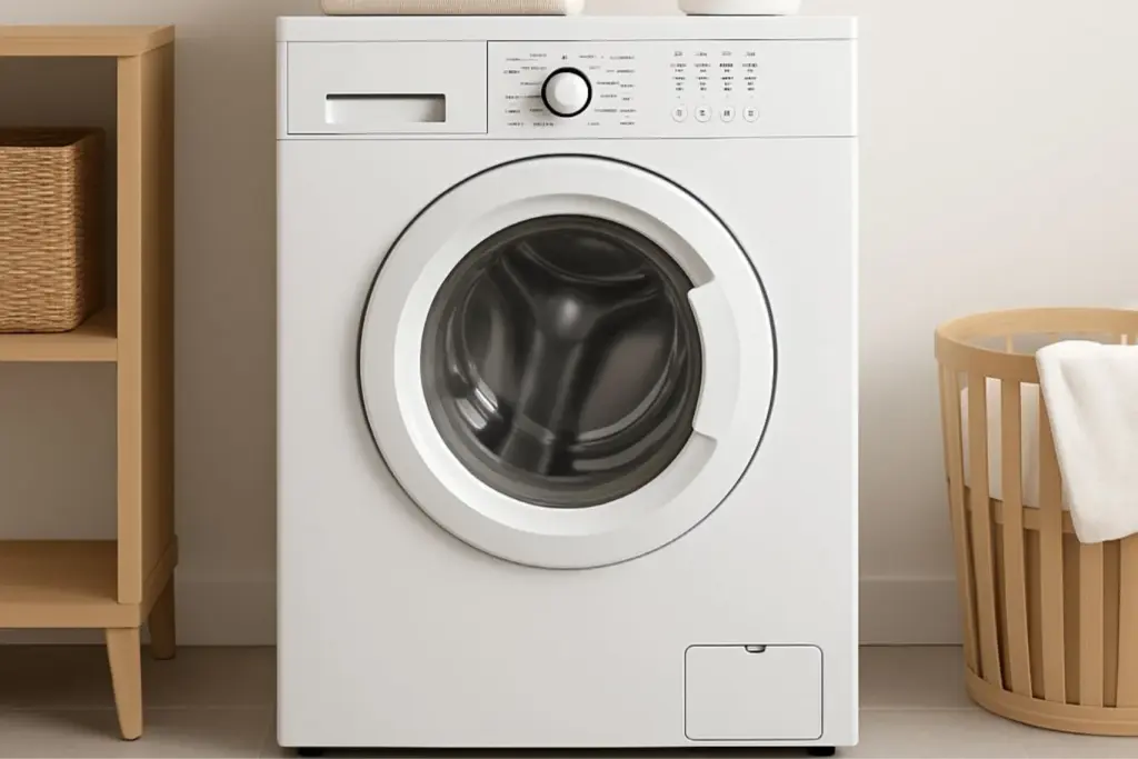 Máquina de lavar branca em lavanderia doméstica minimalista com piso claro, prateleira de madeira e cesto de roupa