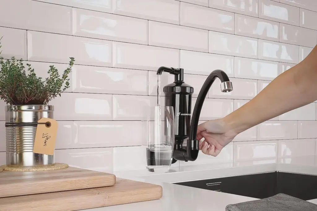 Filtro de torneira preto instalado em uma cozinha moderna, com água saindo diretamente para o copo, pronto para consumo.