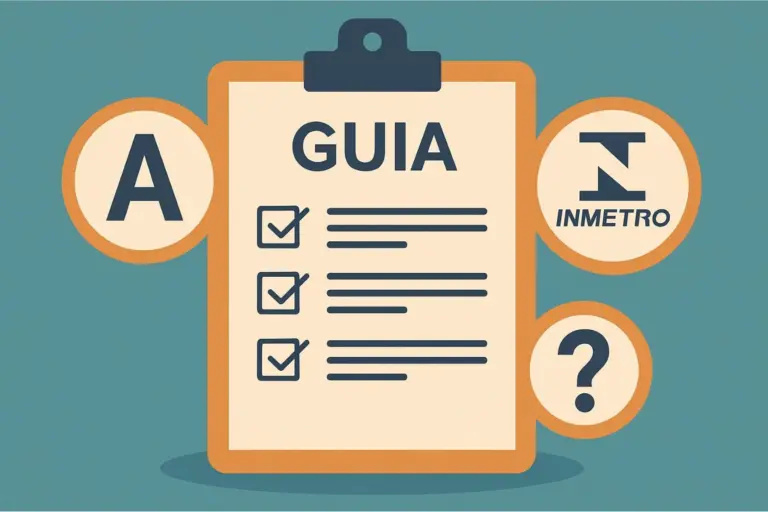 Ilustração de um guia em prancheta com selos de Classe A, Inmetro e símbolo de dúvida em fundo azul.