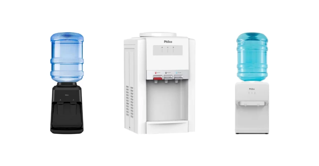 Três modelos de bebedouro Philco com garrafão de água, incluindo versões preta e branca, com design compacto e saída para água gelada.