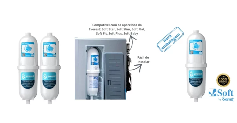 Refil filtro purificador Everest original instalado em purificador de água doméstico, destacando sistema de filtragem e qualidade da água